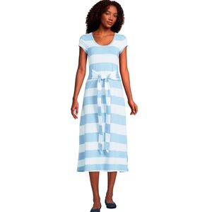 Lands' End Nautical Light Blue Striped Tie Waist Cotton Modal Midi Dress Size MP